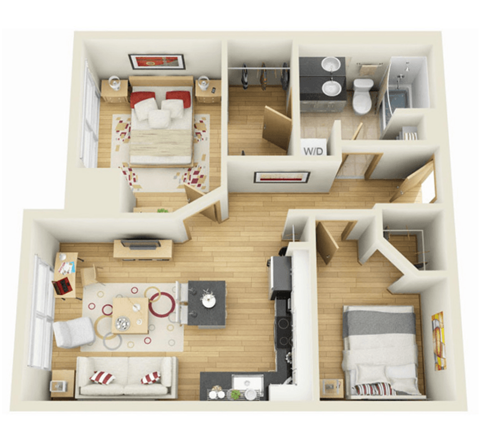 Floor plan for 2 beds, 1 bath, 615 sqft